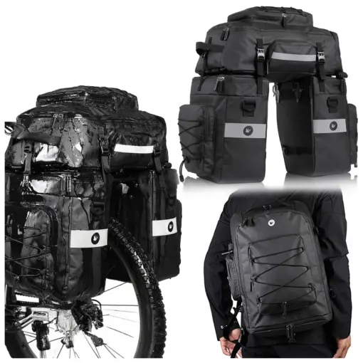 Torba na rower 3w1 - sakwa rowerowa na bagażnik 65l plecak torba na ramię wodoodporna z odblaskami czarna