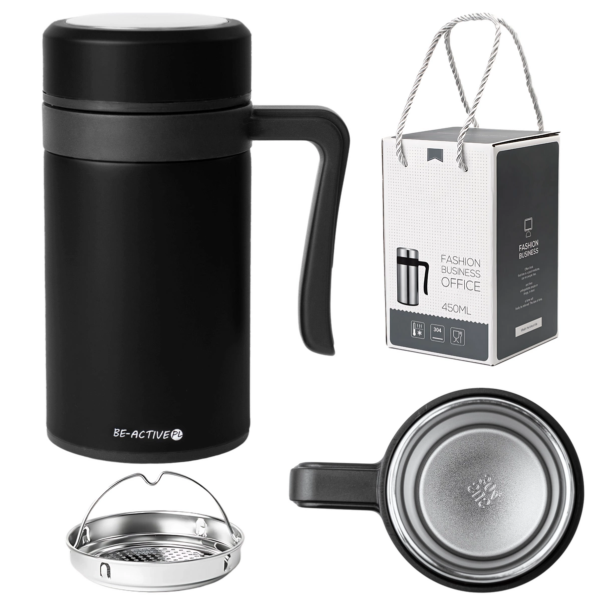 Kubek termiczny termos czarny podwójne ścianki duży 450ml na kawę herbatę