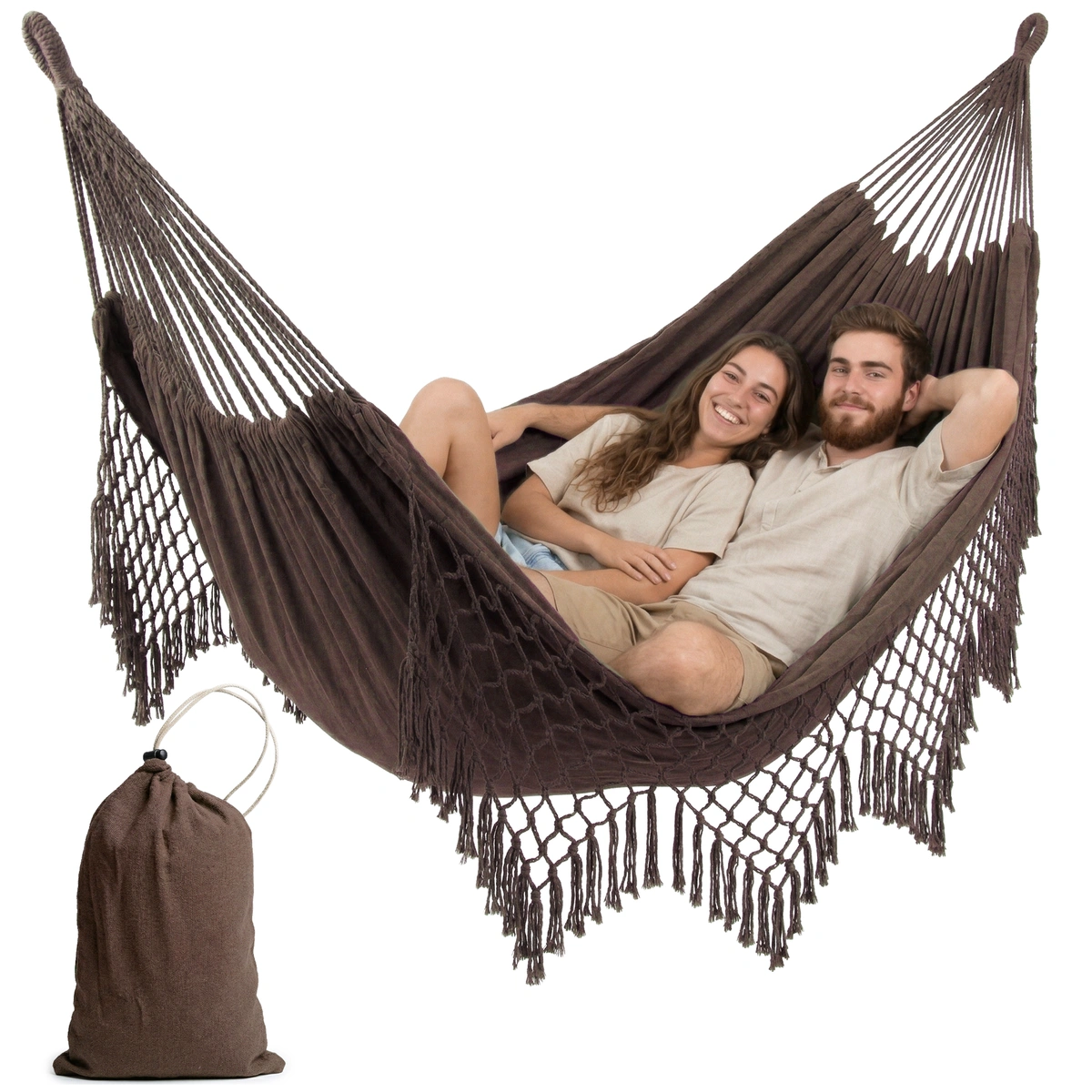 Brązowy hamak ogrodowy dwuosobowy boho do ogrodu